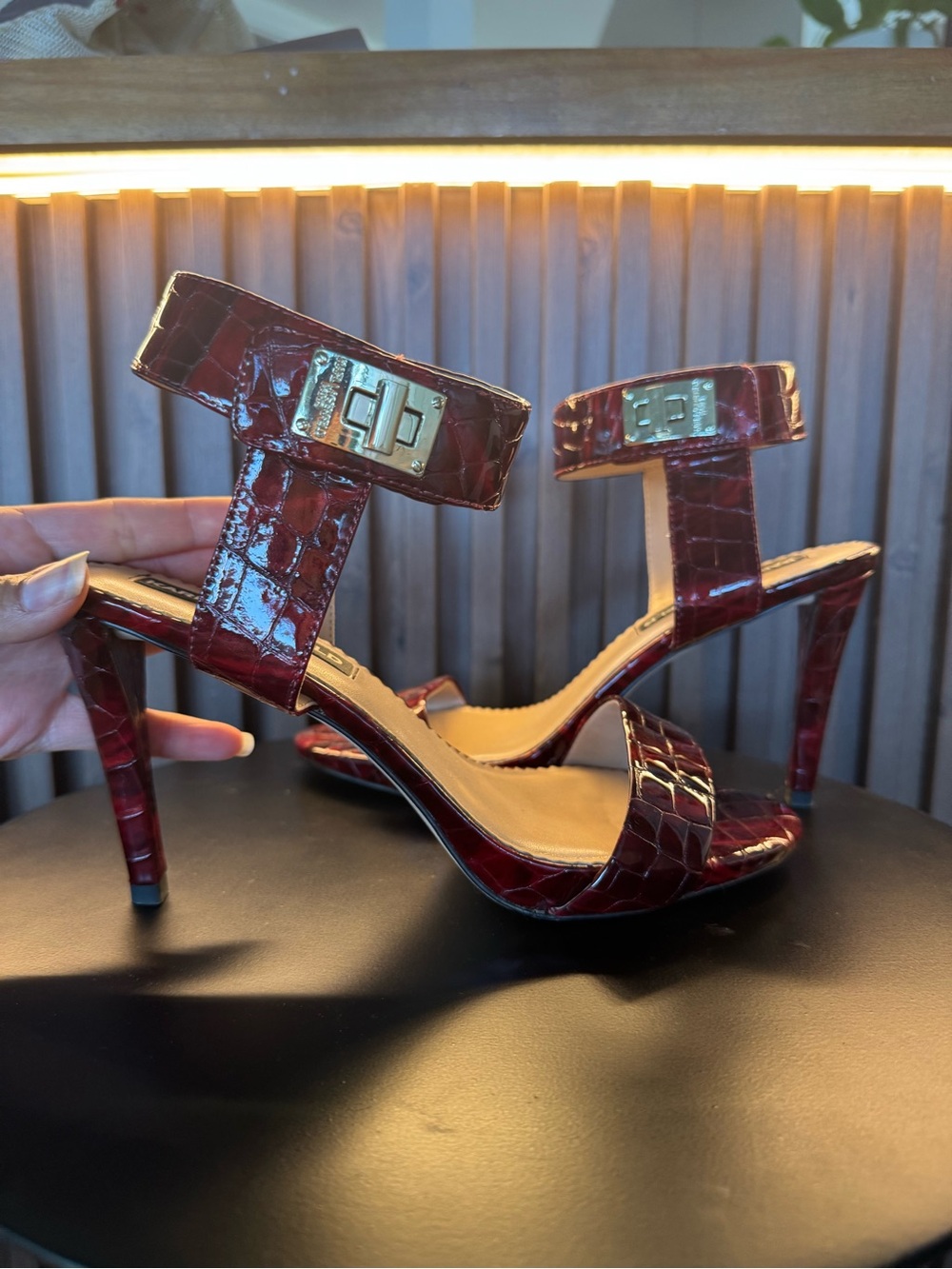 Karl Lagerfeld Croc-Embossed Burgundy Ankle Strap Heels Size 8.5